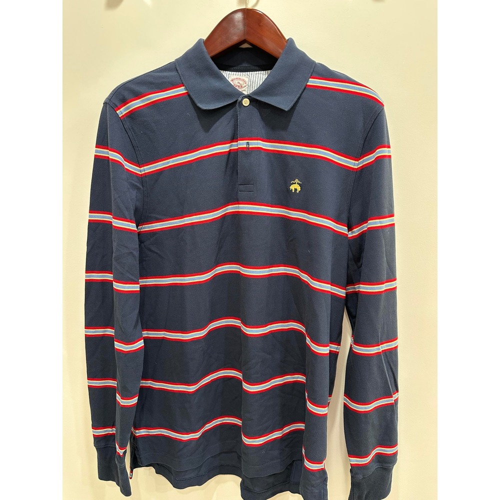Brooks Brothers Mens XL Long Sleeve Striped Polo Shirt Navy Blue Supima Cotton